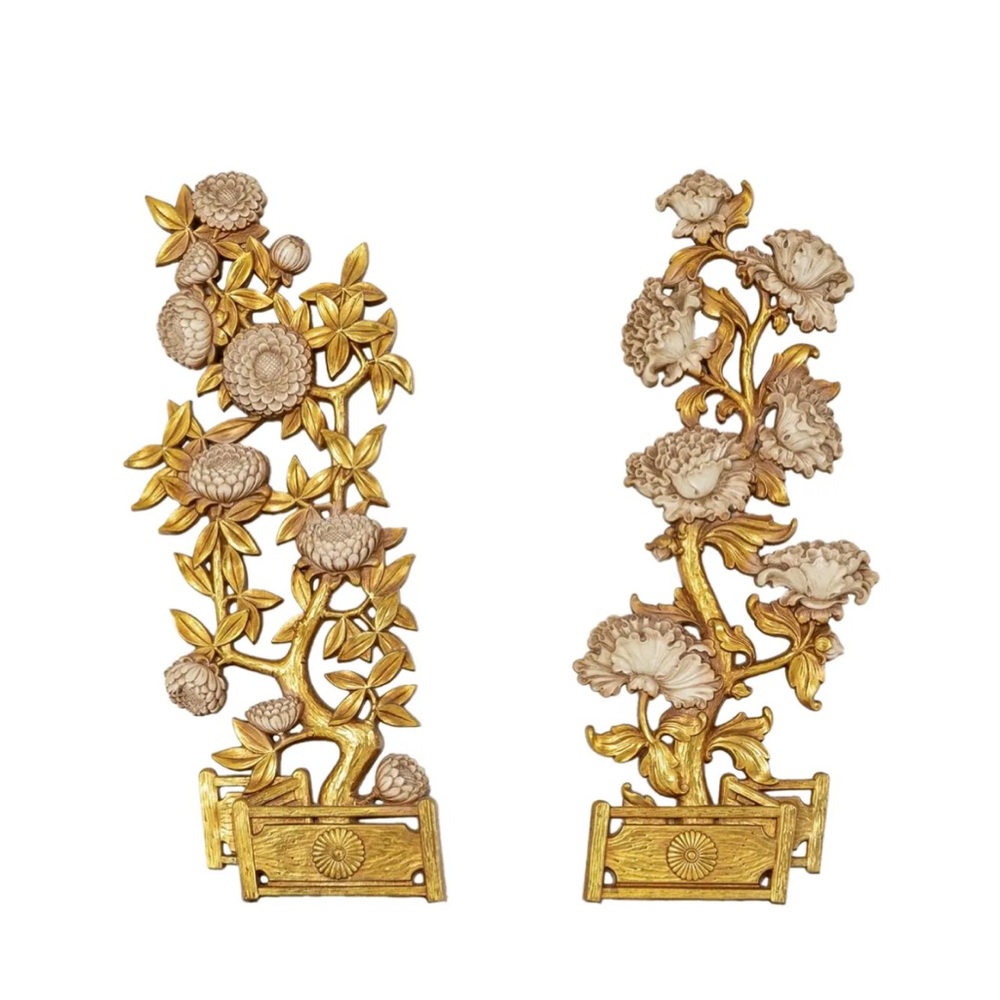MCM Vintage Syroco Hollywood Regency Gold Floral Wall Hangings—A Pair